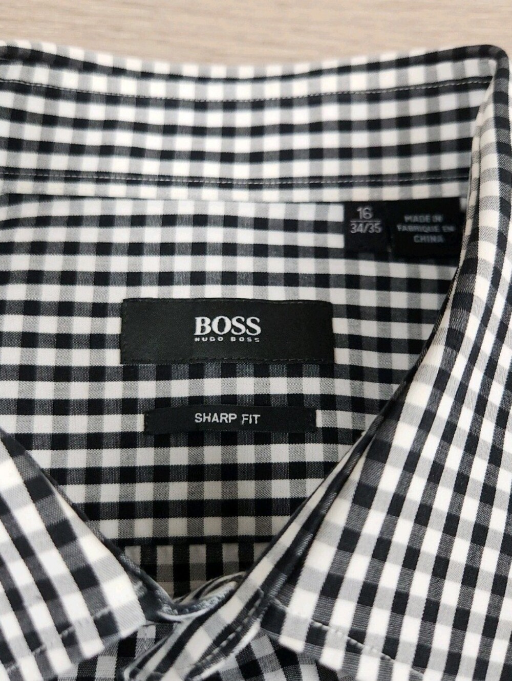 Boss Dress Shirt Mens 16 Black White Long Sleeve Button Up Check Sharp Fit - Picture 6 of 8